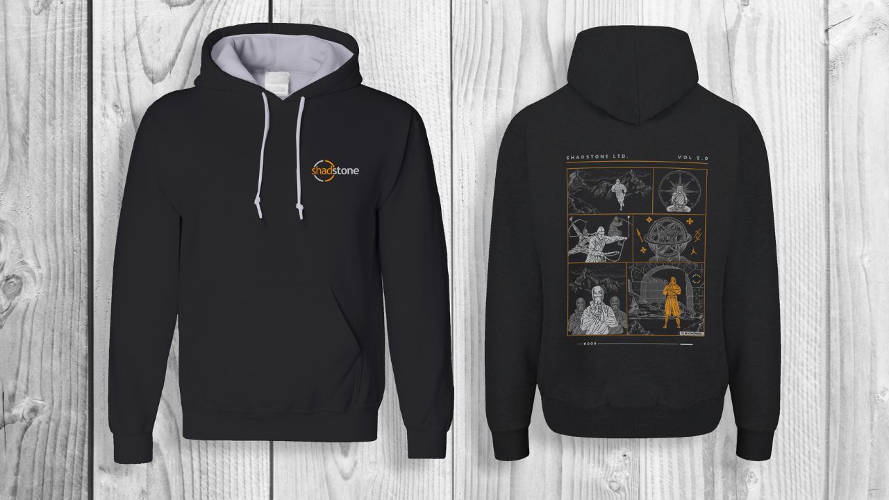 Black Shadstone hoodie, front logo and back comic panel