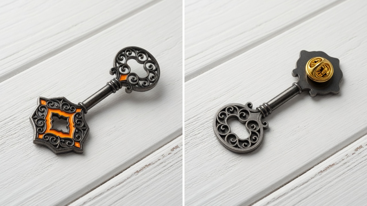 Enamel pin of the Shadstone Temple key, front and back
